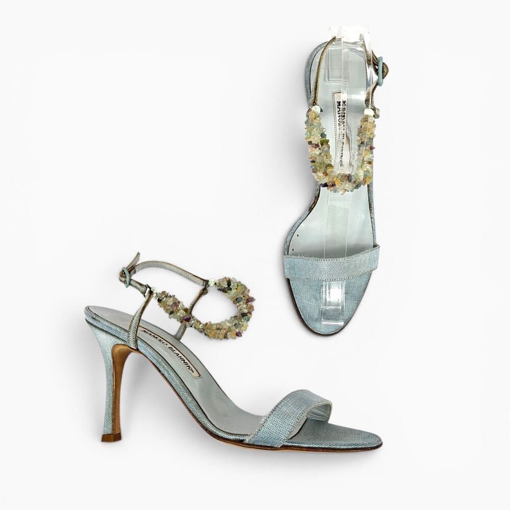 Y2k Manolo Blahnik Heels Crystal Denim Strappy Vintage - Size 36 (5.5) - Picture 4 of 9